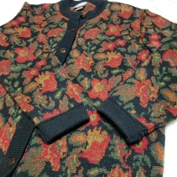 La Dame Australia Multi-Color Knit Cardigan Sweater sz L Wool Blend Dark Floral - Picture 6 of 7